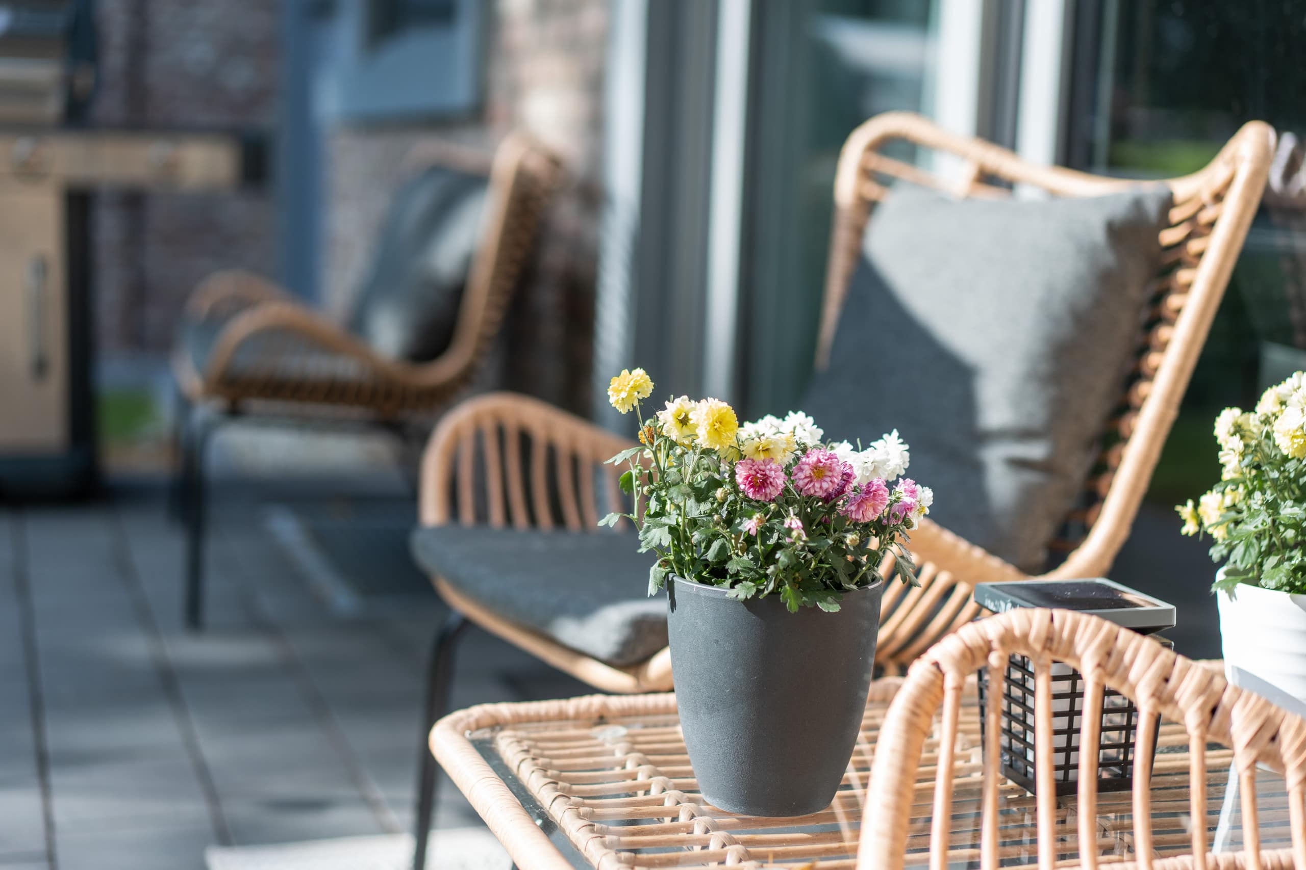 Detail der Terrassenecke: Rattanstühle mit grauen Polstern um einen Glastisch mit einem Topf rosa und gelber Chrysanthemen.