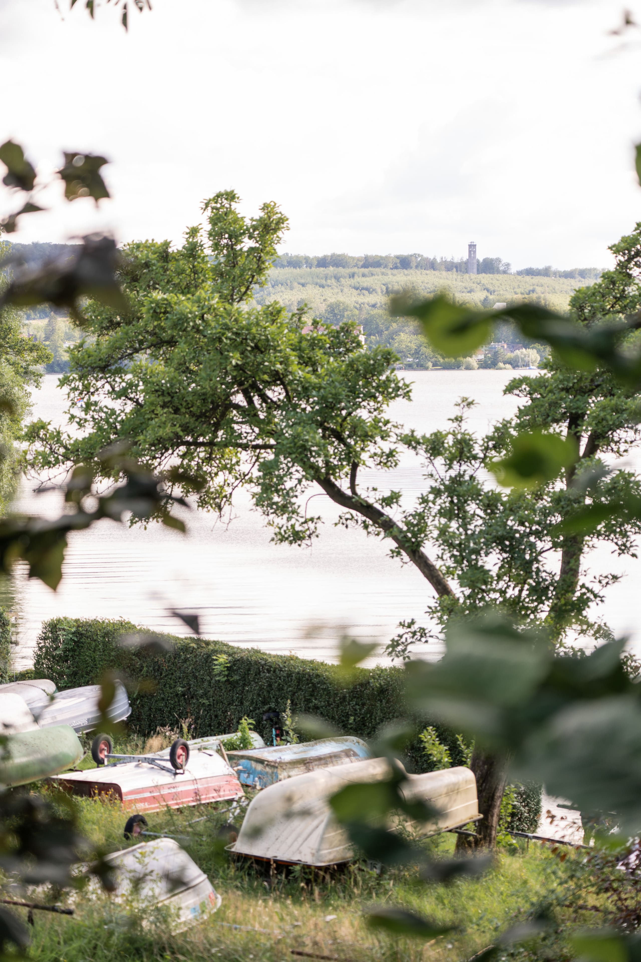 Durch Äste gerahmter Blick auf den See, mit kleinen Booten, die kopfüber auf der Wiese am Ufer lagern, und bewaldetem Hügel dahinter.