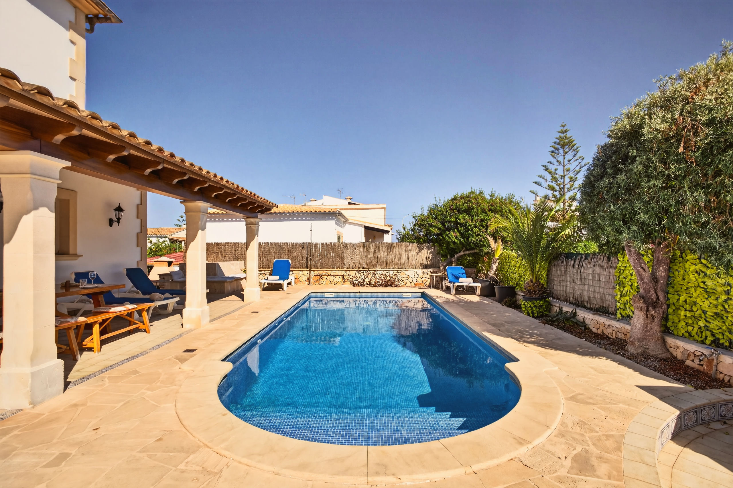 Der Pool von der Gartenseite: links die Säulenveranda mit Holztisch und blau gepolsterten Liegen, rechts ein Olivenbaum am Schilfzaun.